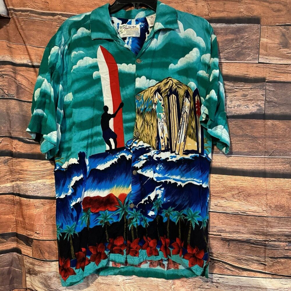 Vintage Hawaiian Surfing Surfboard Palm Trees Thumbs Up Rayon Shirt XL